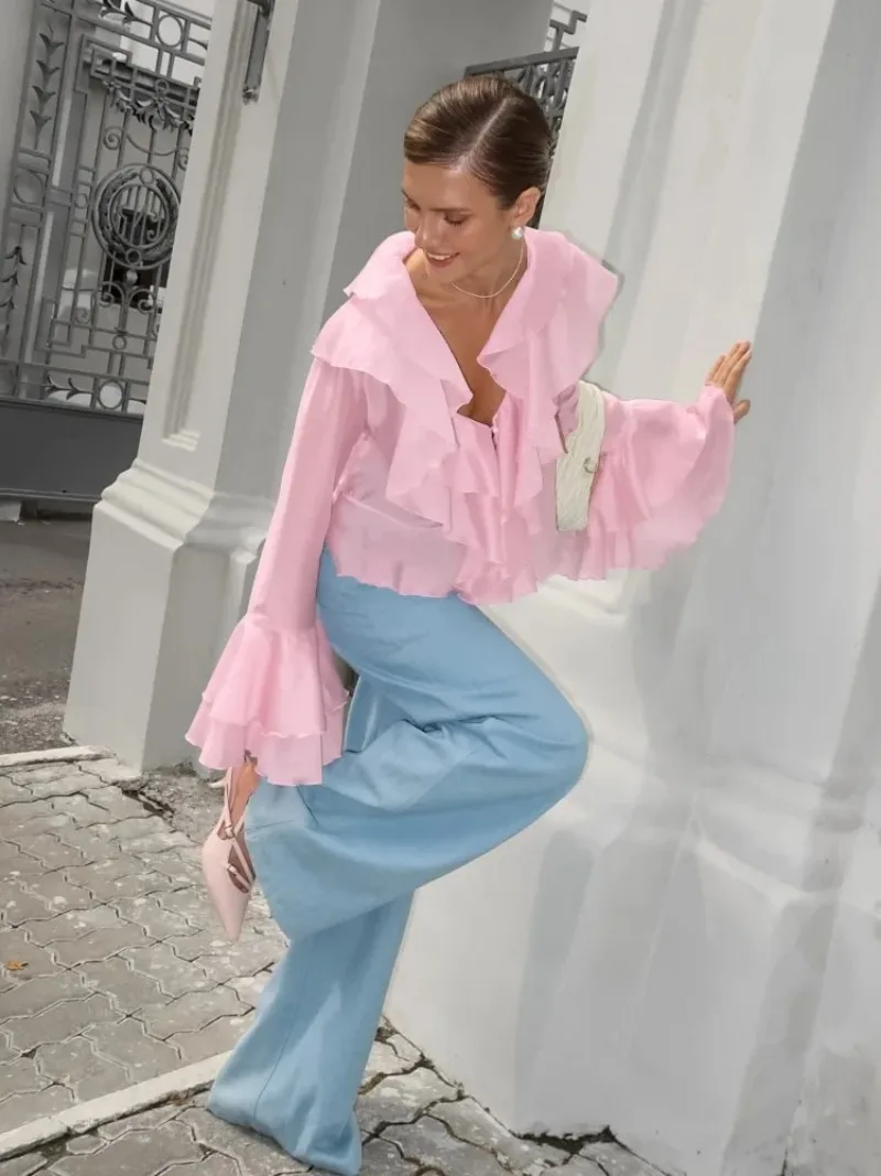 Pink Chiffon Shirt For Women 2025 Fashion Spring Summer With Layered Ruffle Edges V-neck Trumpet Sleeves Short Blouse Streetwear