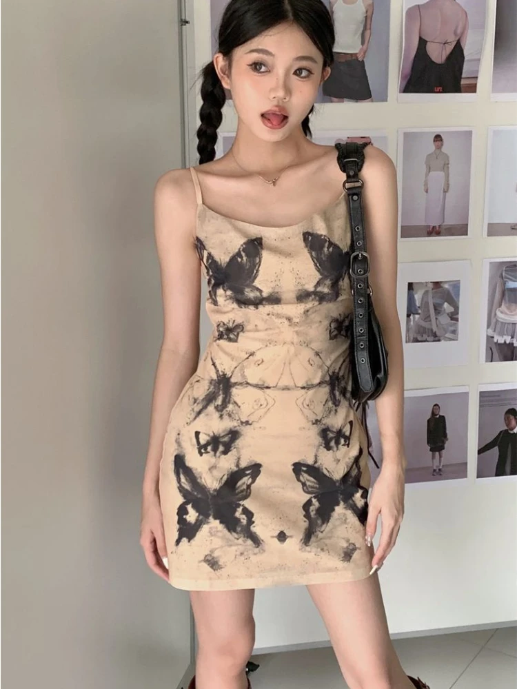 여성을위한 우아한 빈티지 인쇄 캐미솔 드레스 2025 여름 새 조끼 드레스 Y2k 슬림 피트 Bodycon Vestidos De Mujer