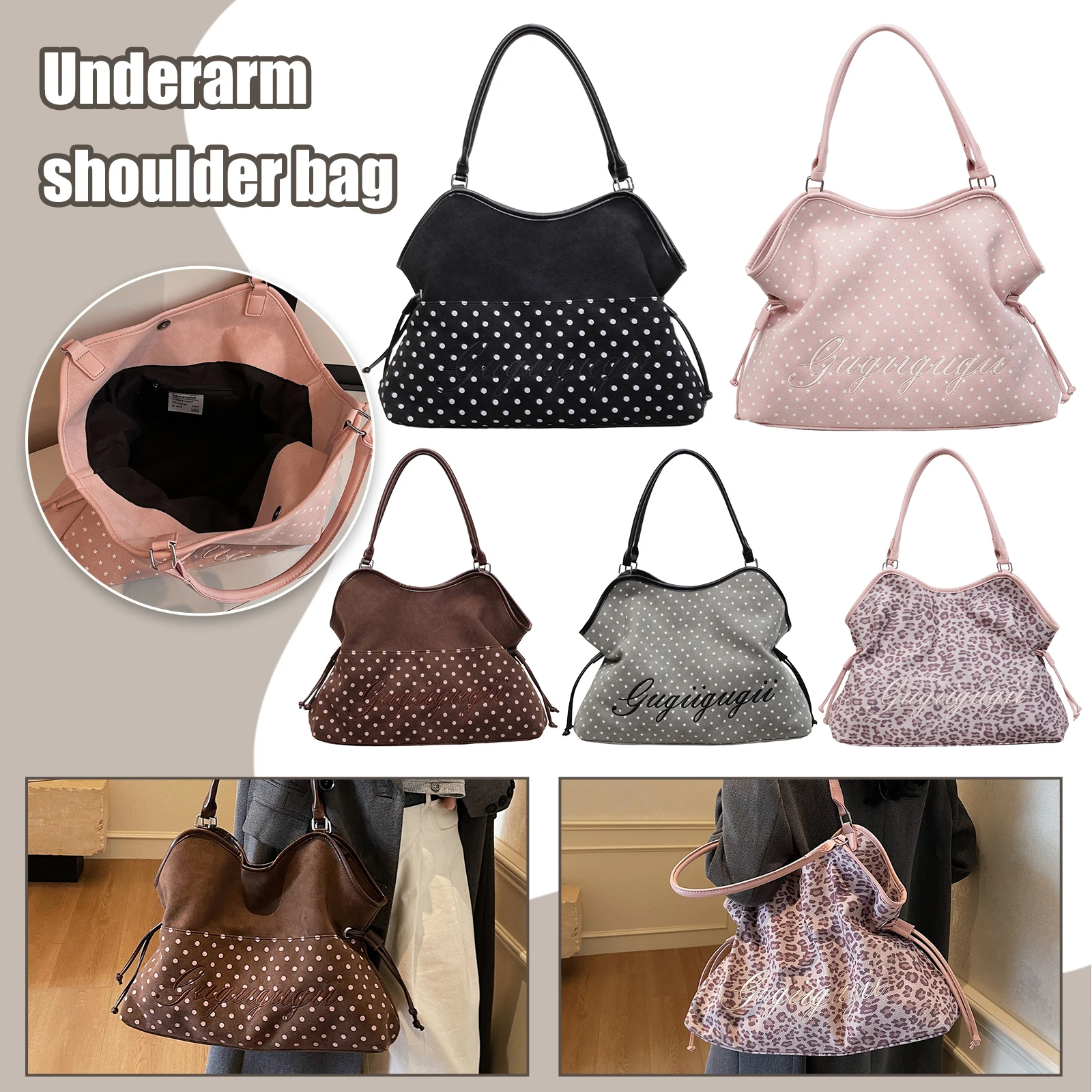 

﻿ Large Capacity Tote Bag Fashion Shoulder Underarm Bag Leopard Polka Dot Embroidery Versatile Handbag for Women 2026 New