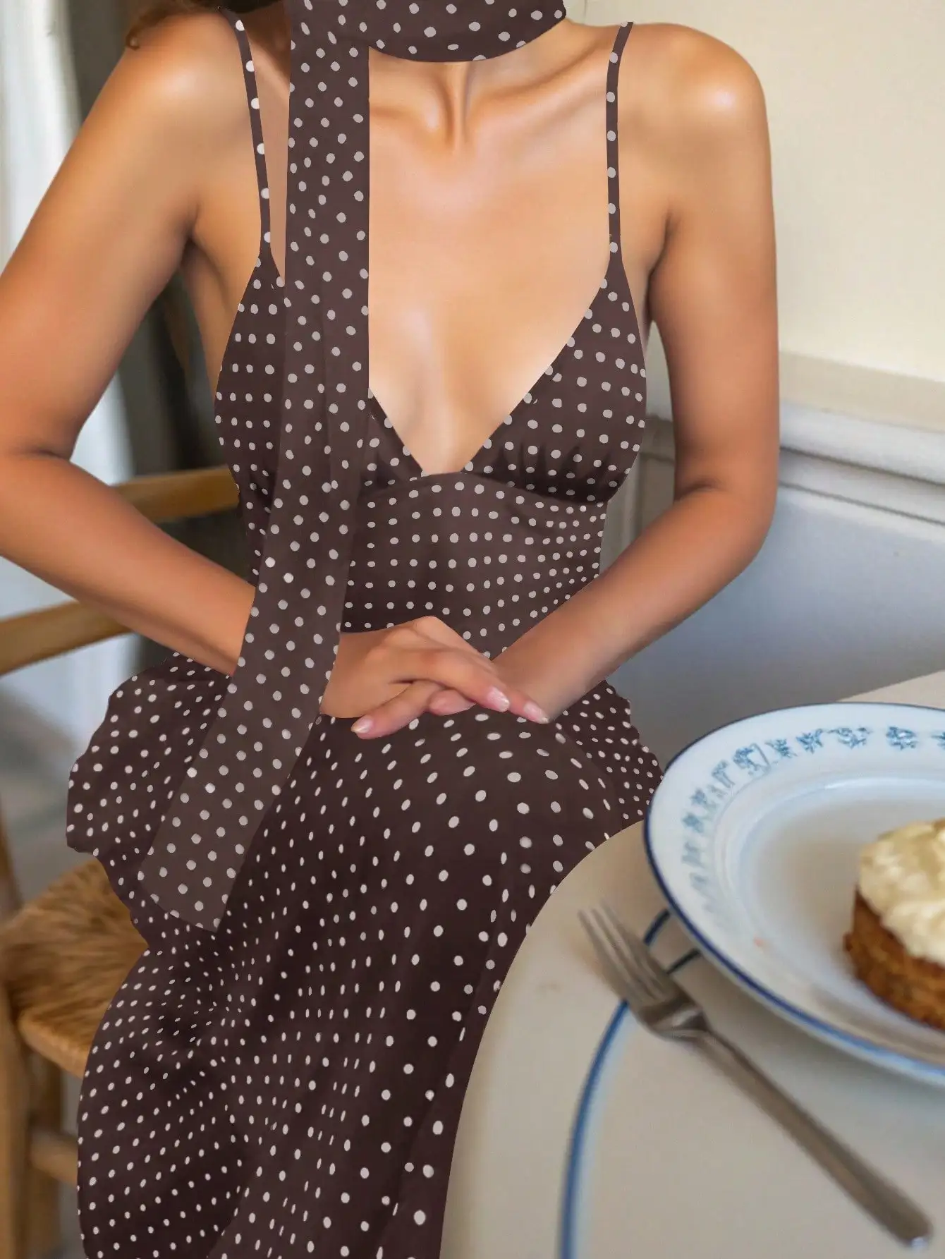 

Women's Brown Polka Dot V-Neck Backless Slip Dress with Thin Straps