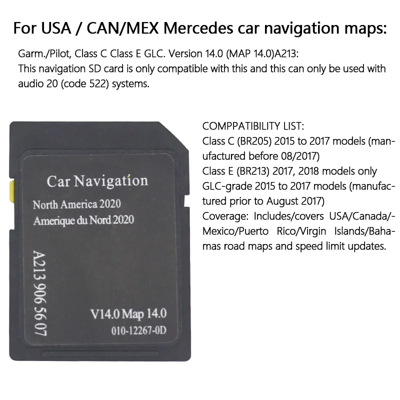 FOR MERCEDES A213 GARM/PILOT Navigation Map SD Card Version 14.0 Navigation Card USA/Canada/Mexico/Car GPS Navigator Map SD Card