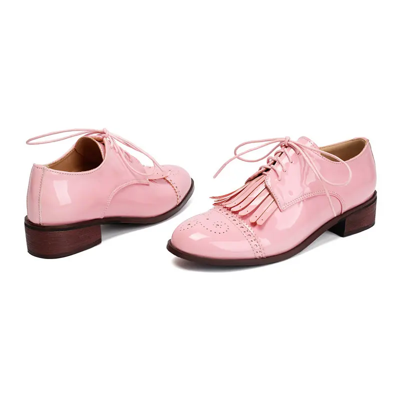 براءة اختراع بو الجلود الوردي الأخضر الأحمر الدانتيل متابعة عبر تعادل النساء مضخات مربع منخفضة الكعب النساء تصليحه أحذية أوكسفورد الأحذية مع شرابات #4