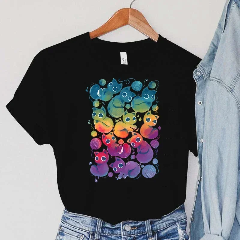 

Women Cotton T-shirt Ink Cat Female Clothing Summer Cartoon Animals Tee Print RAINBOW Pet Cat Round Neck Vintage Clothing Tops