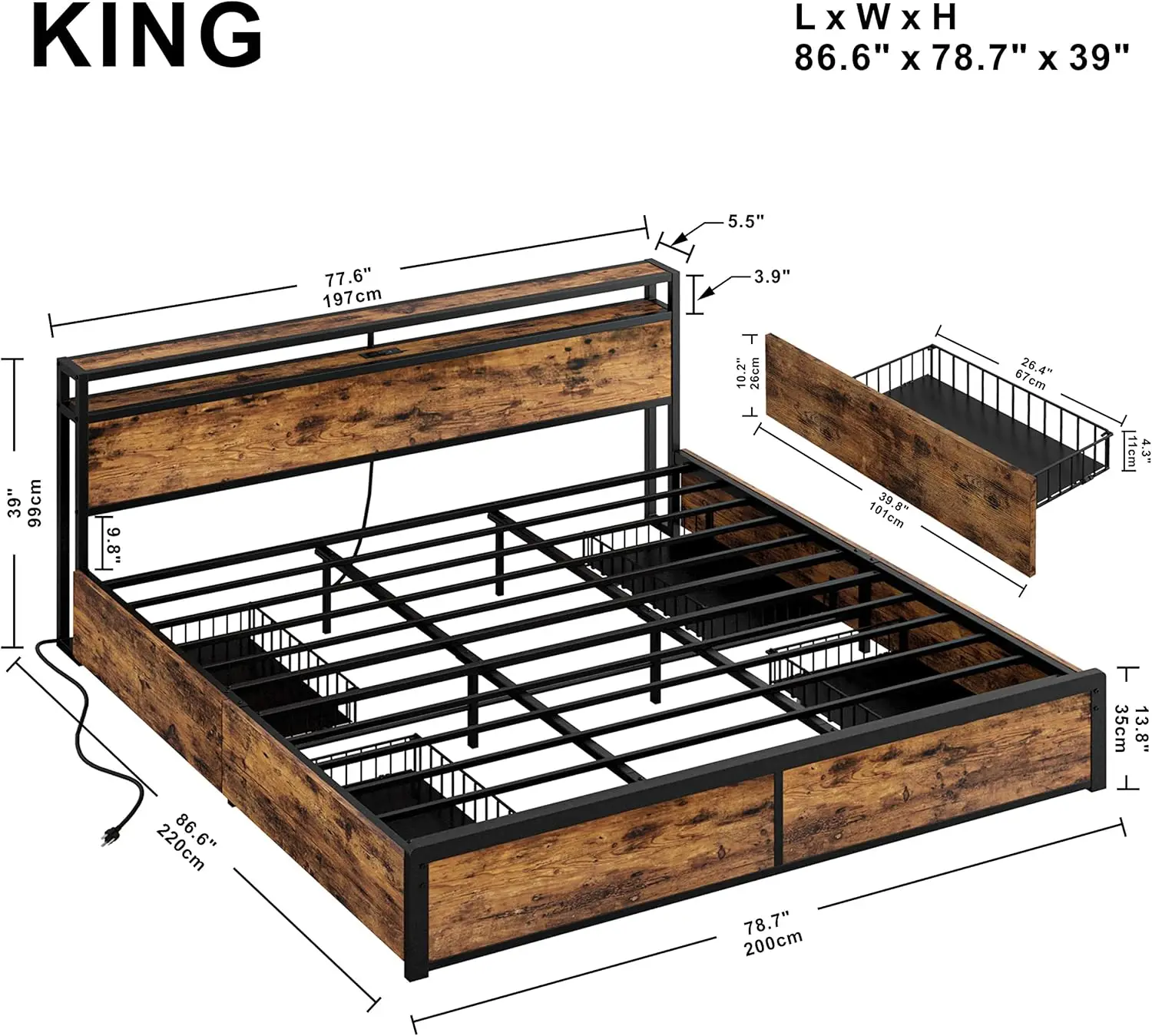 Likimio King Bed Frame Met Opberglade, 2-Tier Opslag Hoofdeinde Met Laadstation, Geen Boxspring Nodig, Gemakkelijk