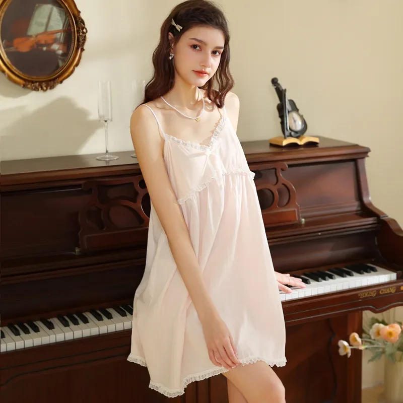 

Women Summer Victorian Nightgowns Spaghetti Strap Backless Lace Fairy Nightdress Sweet Vintage Princess Modal Sexy Sleepwear