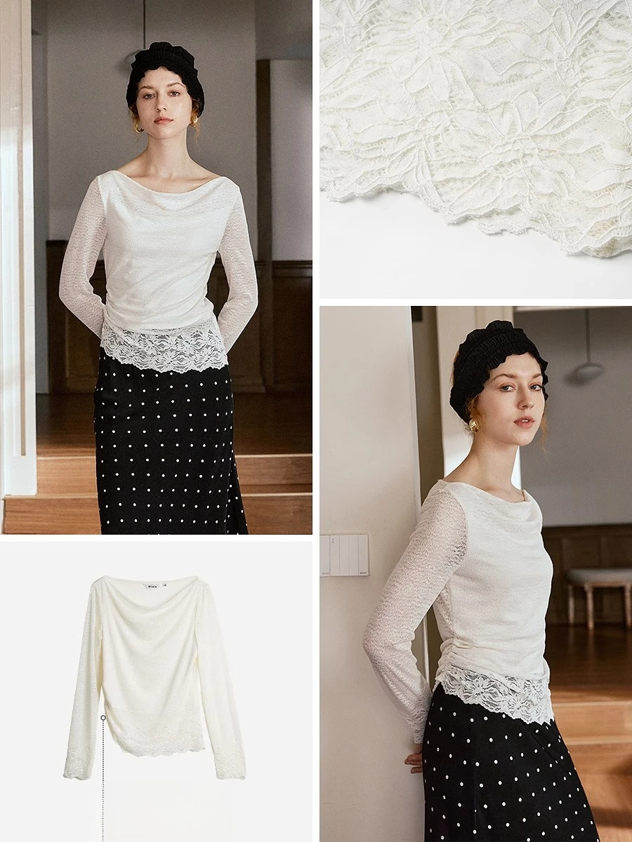 

OLrain French Ladies Swinging Neck Lace Knitted Tops Slim-fitting Tee Shirt 2025 Autumn Long Sleeve Tops for Woman O57QX000919