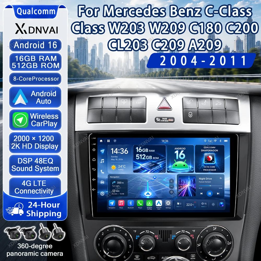 Android 16 Video Player For Mercedes Benz C-Class Class W203 W209 C180 C200 CL203 C209 A209 2004 - 2011 Multimedia Car Radio GPS