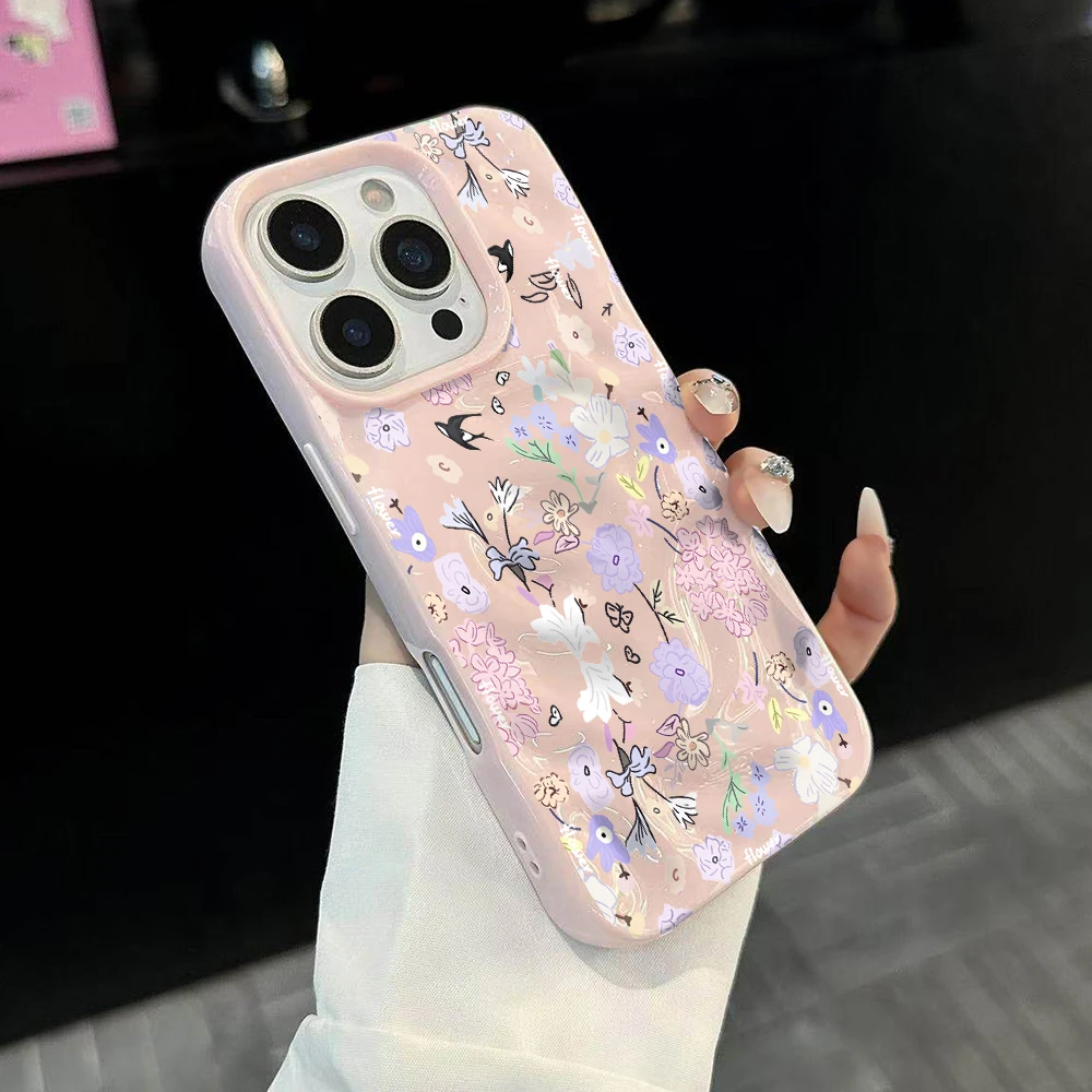 Koreanische Frühlingsblumen-Druck Handyhülle für iPhone 17 16 15 14 13 12 11 Pro Max 14 Plus 17Air Falten-Wellen Weiche Silikonhülle – Detail 3