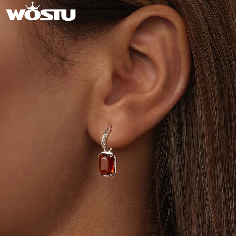 WOSTU 925 Sterling Silver Rectangle Brown Crytal Drop Earrings For Women Wedding Statement Jewelry Leaf Hoop Earring Party Gift