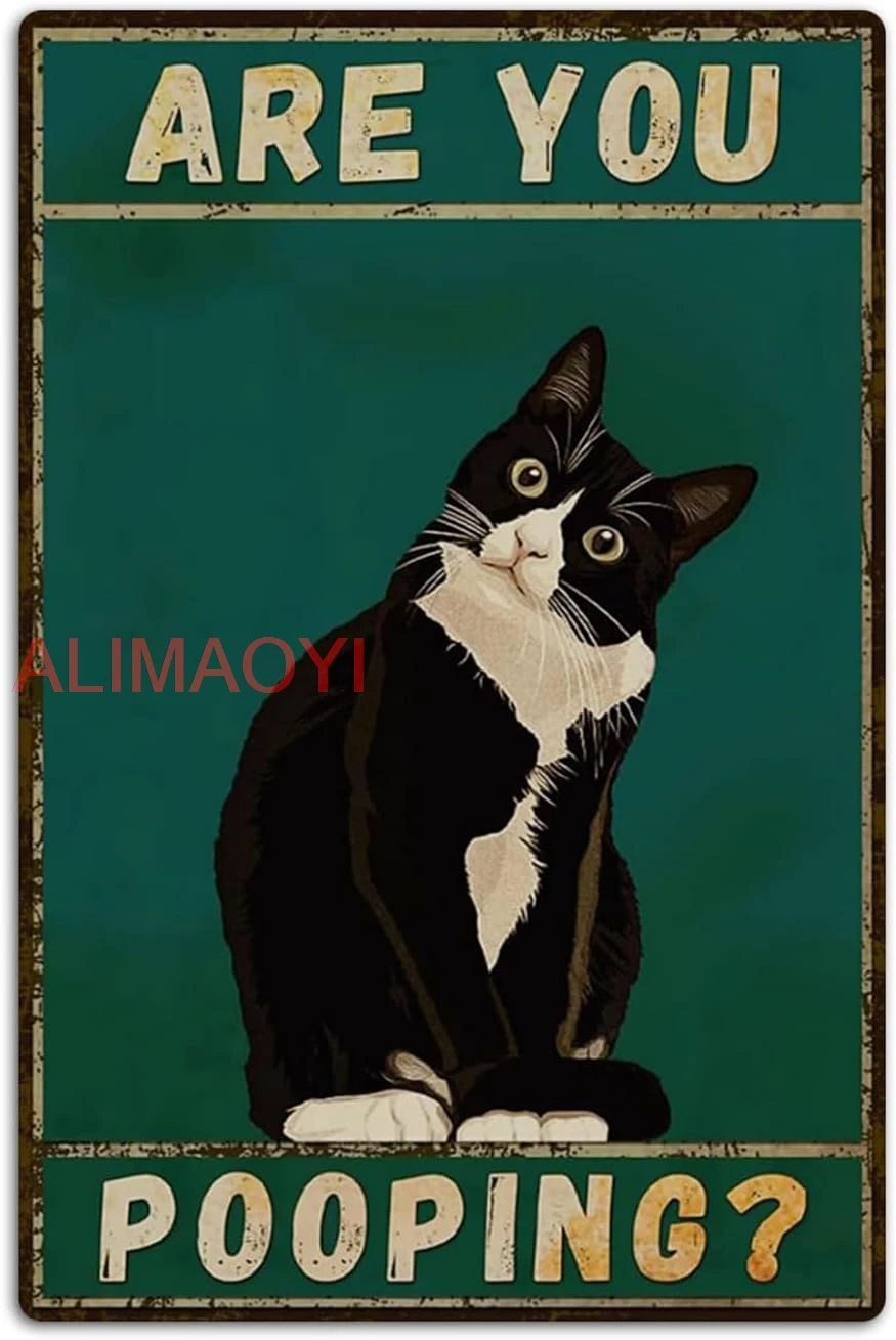 Fmcmly Vintage Tuxedo Cat Decor 8x12 Inch,Are You Pooping?Cute Room Decor Metal Posters,Bathroom Wall Art Signs,Gift for Cat