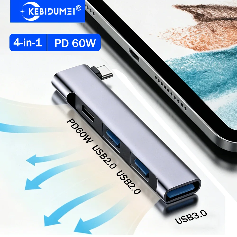 KEBIDUMEI 4 Ports USB C Docking Station Type c to PD 60W USB 3.0 5Gbps Adapter OTG USB 3.0 2.0 Splitter For PC Tablet Macbook
