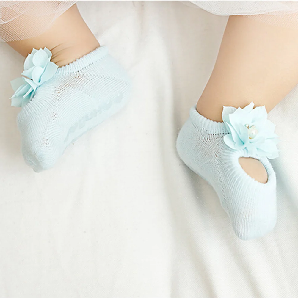 1Pair Non-Slip Kids Socks for Girl Toddler Newborn Infant Anti Lace Flower Bow Tie Floor Socks Sky Blue Random Style Comfortable