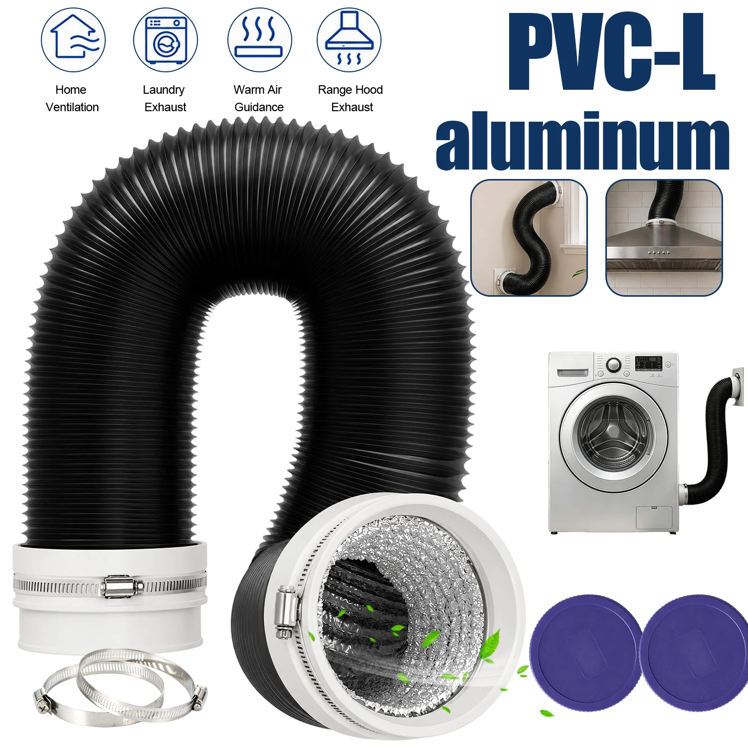 Tubo di scarico nero 75 mm 5 m con connessione flessibile morbida, tubo di ventilazione per una facile installazione, tubo flessibile in PVC e alluminio a 4 strati con 2 fascette stringitubo,
