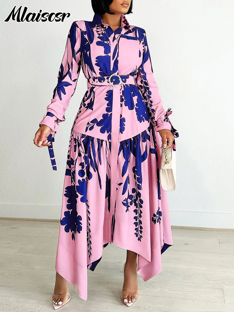 Eleganckie sukienki plażowe w stylu boho z nadrukiem Mlaiscsr z paskiem, damskie afrykańskie jesienne sukienki z kołnierzykiem, długim rękawem i asymetrycznym dołem, idealne na urodziny.