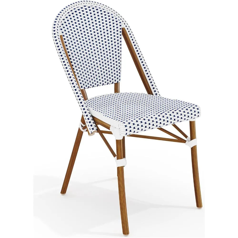 Indoor-Outdoor Stackable Aluminum Bistro Chair with Woodgrain Frame and Woven Rattan Backrest and Seat