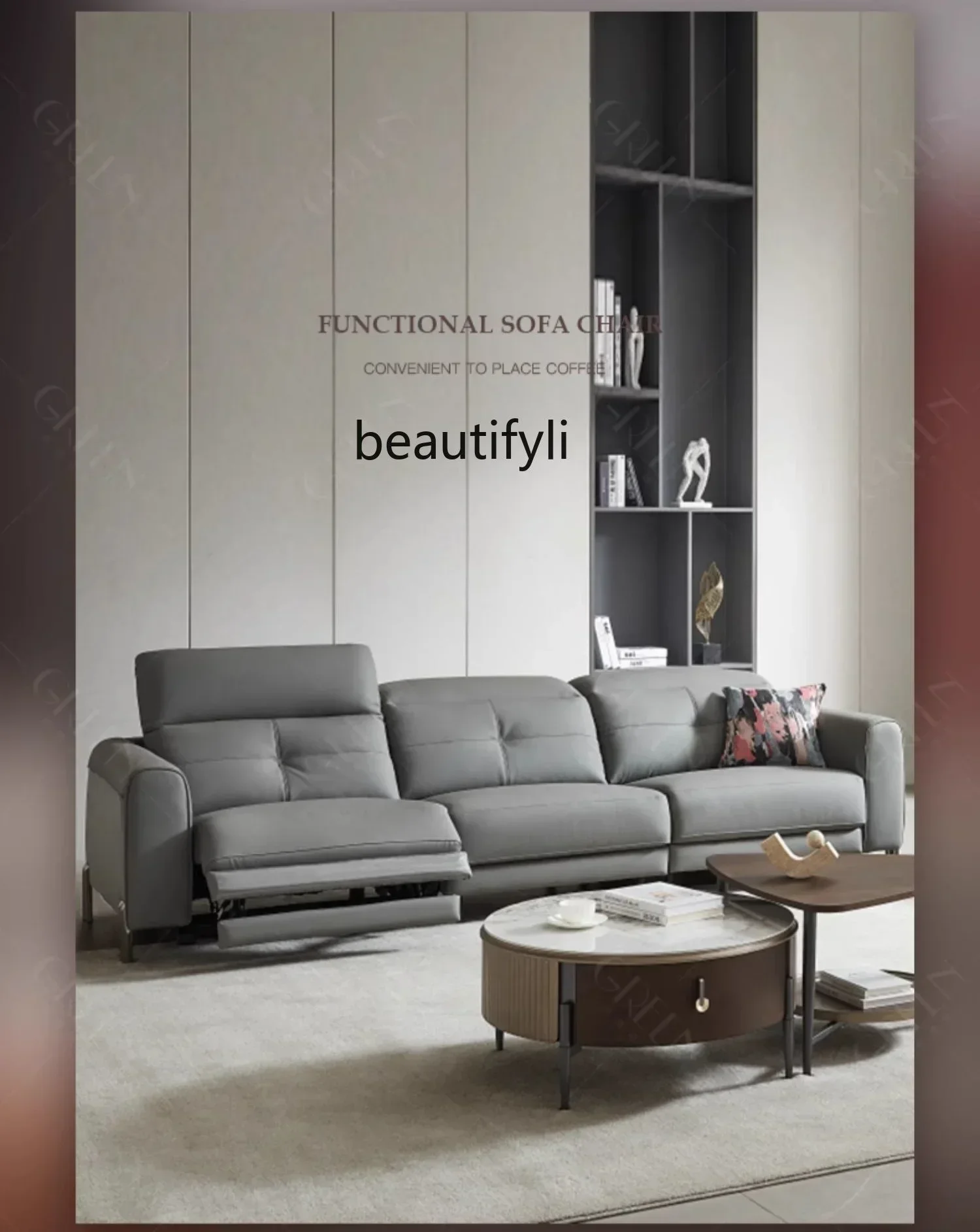

FF cqyElectric Function Leather Sofa Home Living Room First Layer Cowhide Three-Seat Straight Row
