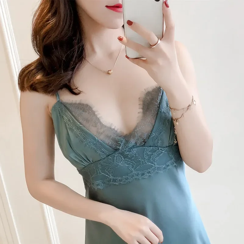 

Сексуальная женская ночная рубашка MECHCITIZ, Сатиновые и кружевные ажурные ночные рубашки, мода 2019, Летний Новый дизайн, женская одежда для сна, платье