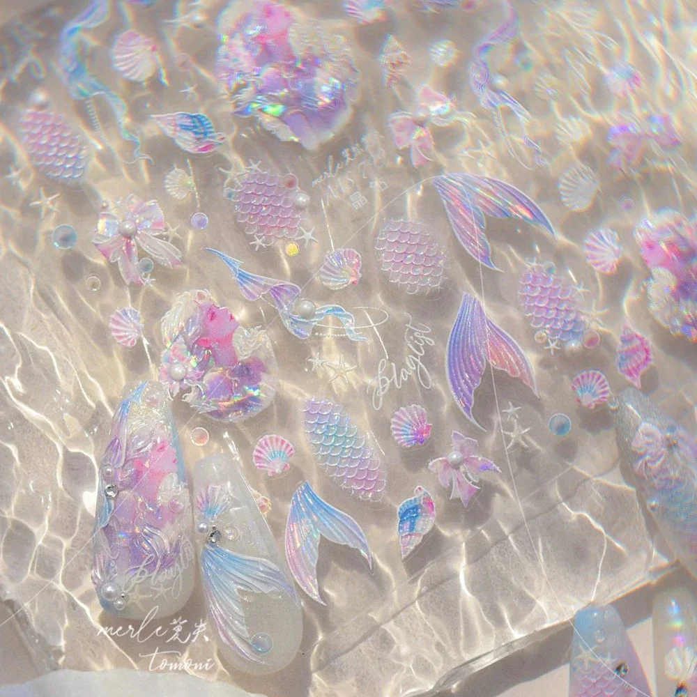 

Gradient Fish Tail Mermaid Shiny Scallop Conch Starfish Fish Scale Bubble Rhinestone 5D Nail Art Sticker Adhesive Manicure Decal