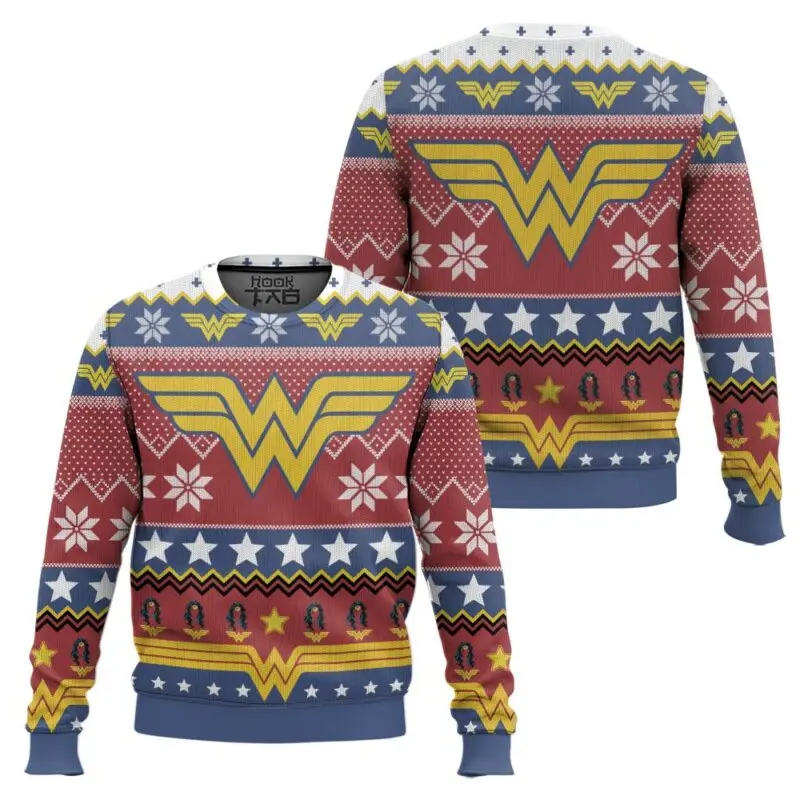 سترة Marvel Superhero Wonder Woman W Christmas Ugly سترة عطلة وحفلات السفر اليومية وشخصية عصرية رائعة في الشارع