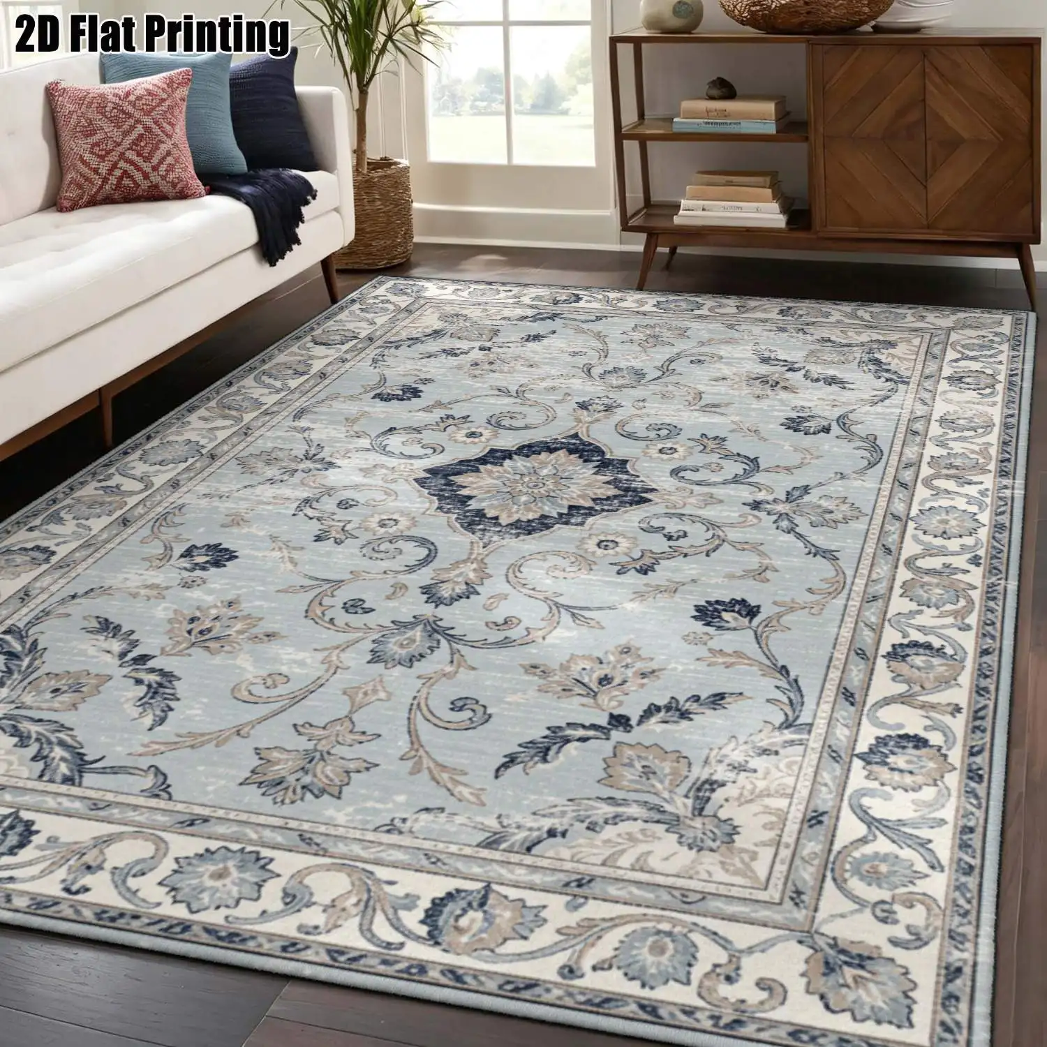 1Pc 2D Printed Carpet: Blue-Gray Floral Scroll Pattern, Fits Vintage, Bohemian, Modern Minimalist Styles Machine Washable, Multi-Size, Ideal for Home Decor & Multi-Scene Use.