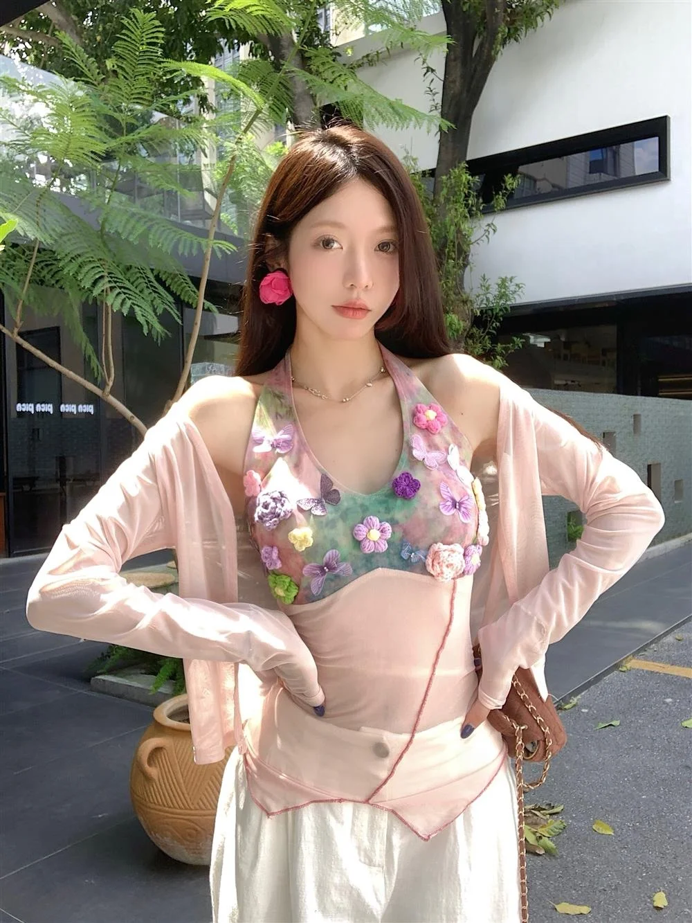 

Kumikumi Pure Desire Sexy Thin Cardigan Vest Set Women's Autumn Floral Pattern V-Ne Long Sve Slim Fit Faion Set