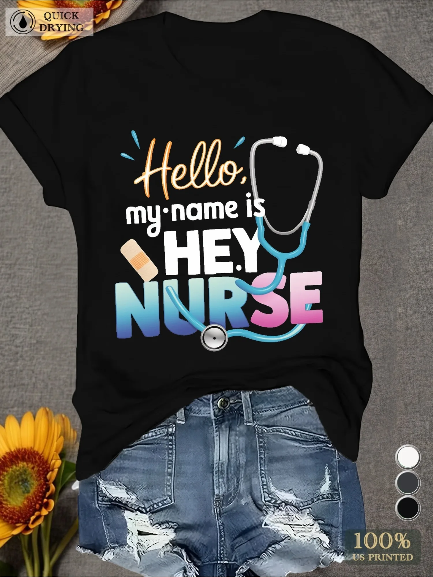 

Women's Plus Size Nurse Graphic T-Shirt - "Hello My Name Is Hey Nurse" Slogan with Stethoscope Medical Theme