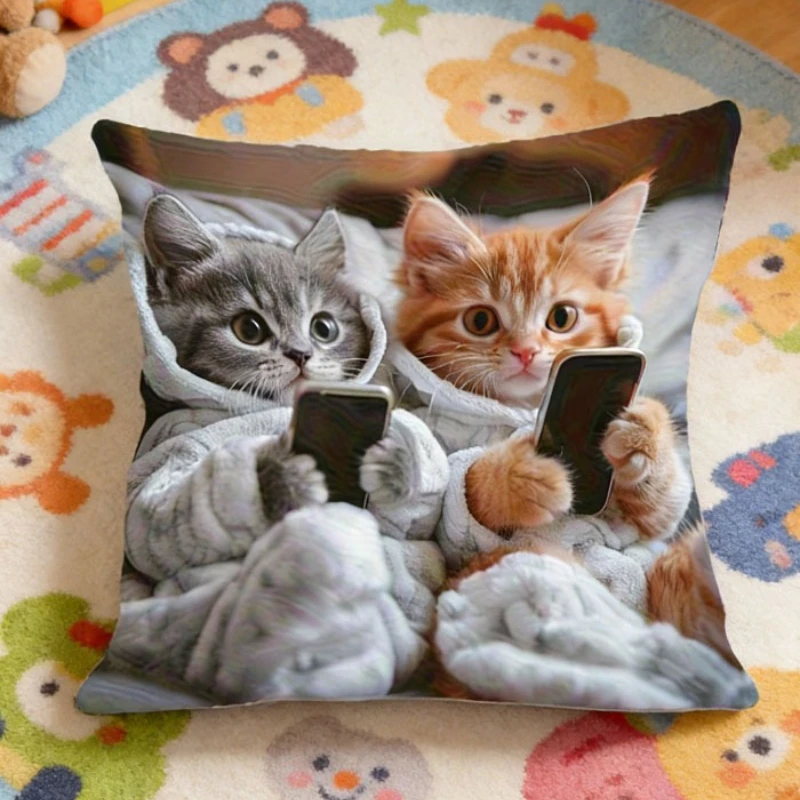 Lustiger Kissenbezug mit Katze, die Handy spielt, doppelseitig, 1 Stück, Cartoon-Dekokissenbezug für Sofa, Bett, Kopfteil