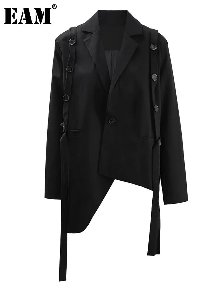 EAM-chaqueta negra de manga larga para mujer, Blazer de talla grande con cintas irregulares con botones, solapa, tendencia de moda, primavera y otoño, 2024, CPG1489