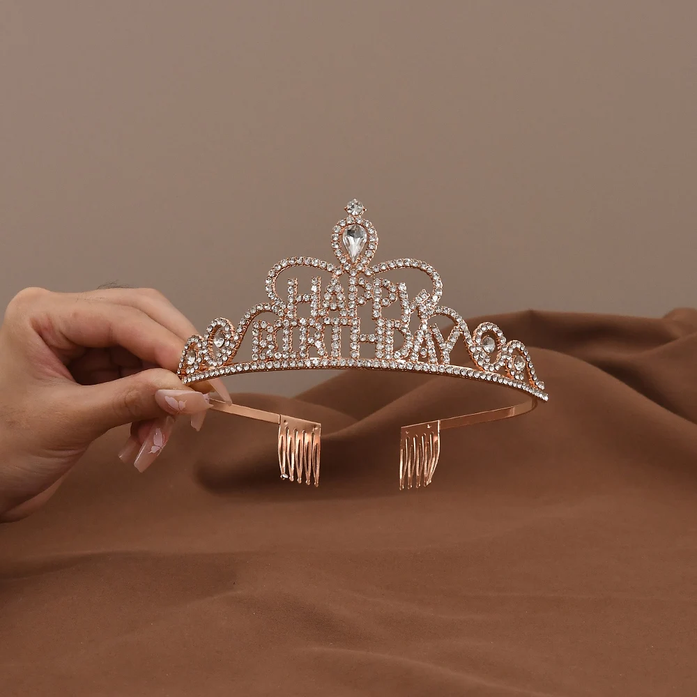 Simple Crystal Crowns Girls Happy Birthday Rhinestone Tiara Anniversary Hair Jewelry Accessories Decoration Supplies