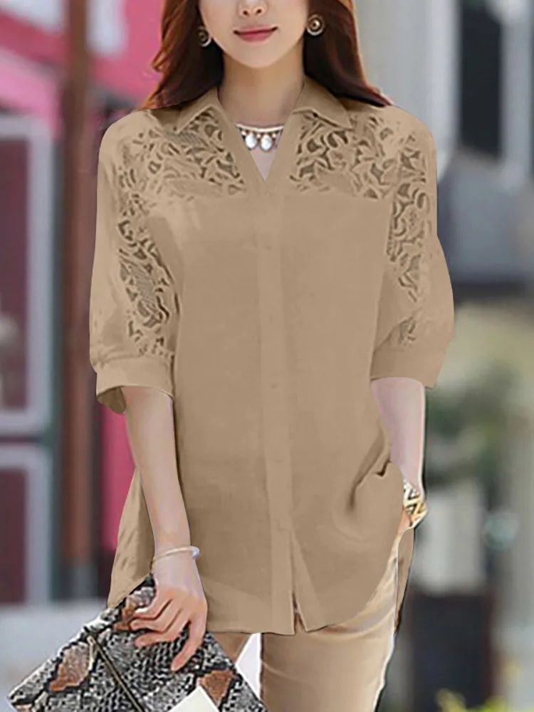 

ZANZEA Casual Elegant Tunic Work OL Shirt Women Summer Solid Hollow Out Blouse Lapel Half Sleeve Blusas Femme Loose Chemise 2023
