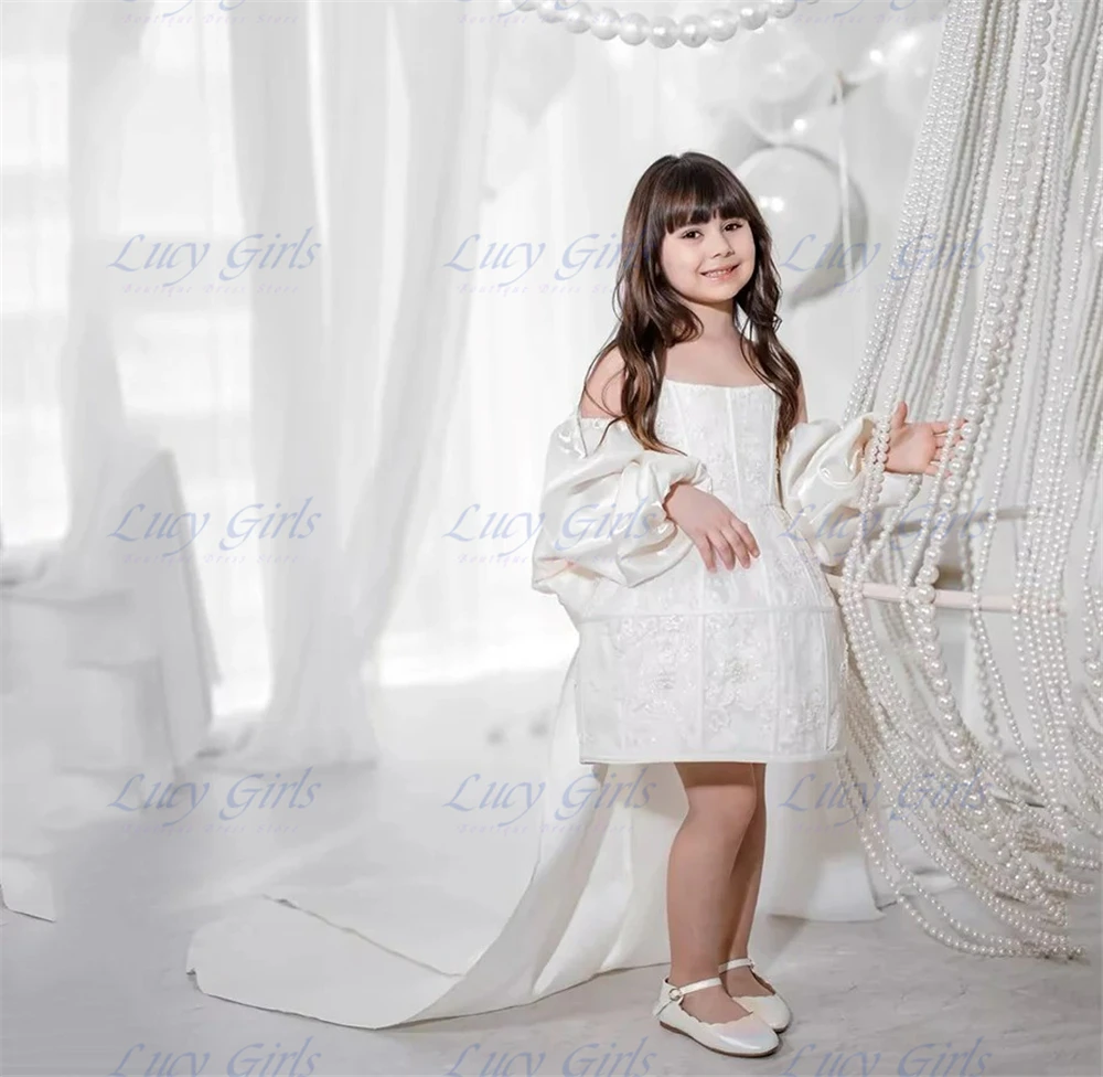 Lovely White Lace Quality Flower Girl Dress for Wedding with Bow Knee Length Girls First Communion Kids Birthday Party Gowns