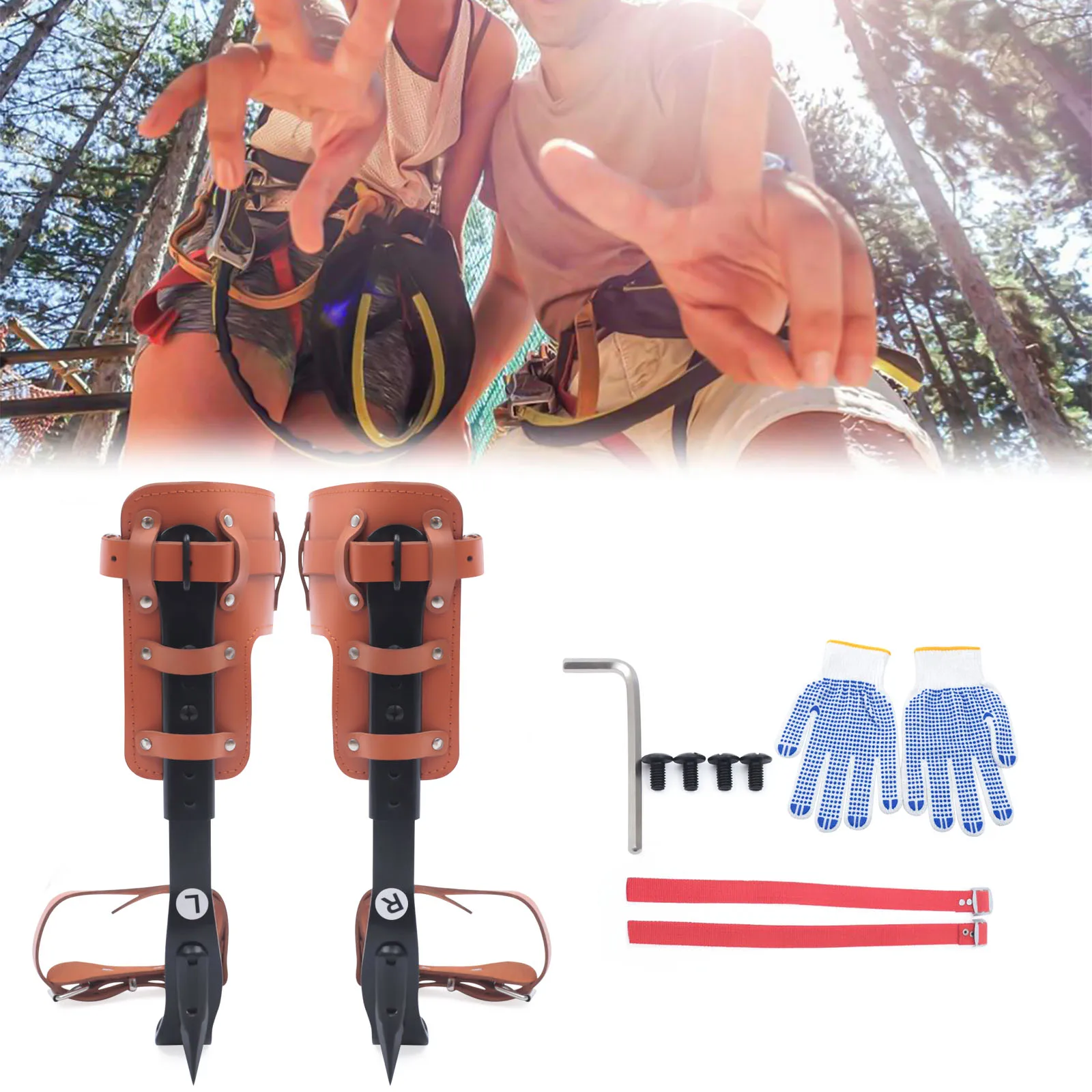 Adjustable Tree Climbing Spike Set Pole Climbing Spurs W/ Security Lanyard Steel Climber Strap Gaffs