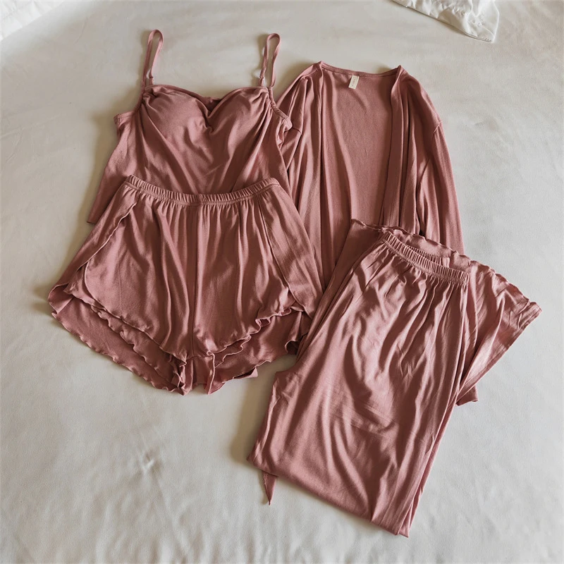 Autumn Four Piece Set Home Clothes Modal Sexy Sweet Strap Shorts Long Sleeved Cardigan Pants Pajamas Loose Casual Sleepwear