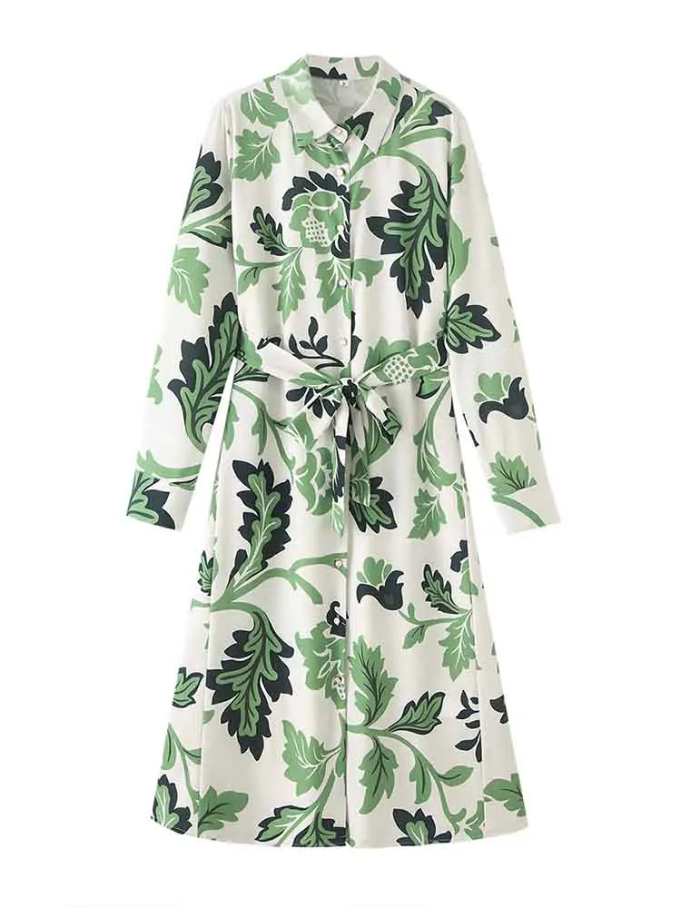 

European style new women's fashion versatile temperament simple long-sleeved printed belted long dress