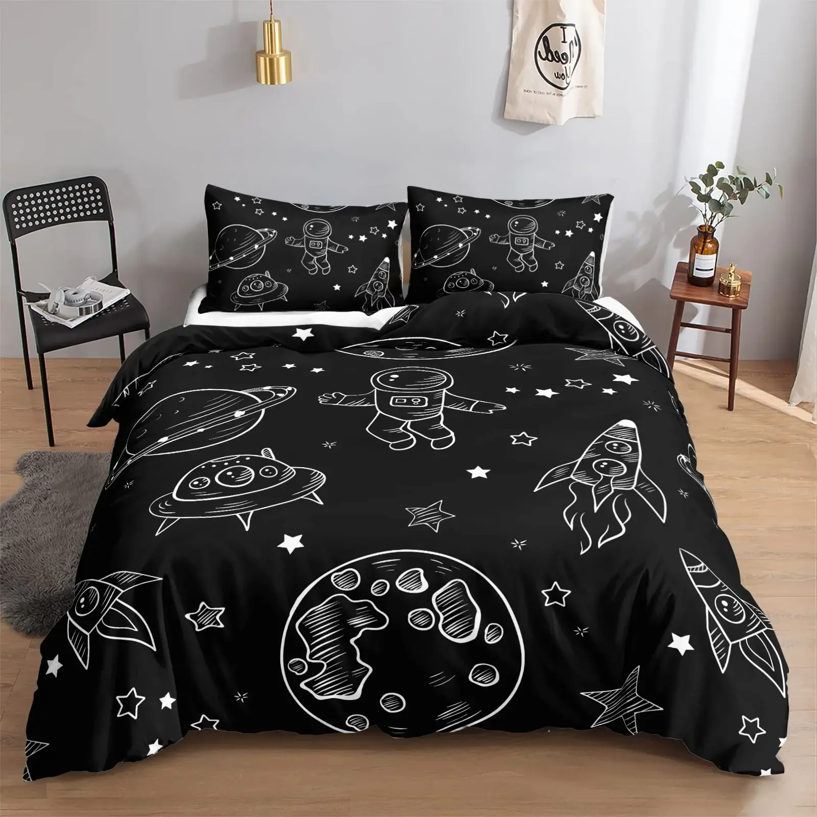 Modern Rocket Ship Duvet Cover Set Full Size,Space Ship Galaxy Bedding Set,boys Girls Rocket Planet Star Cartoon Comforter Cover