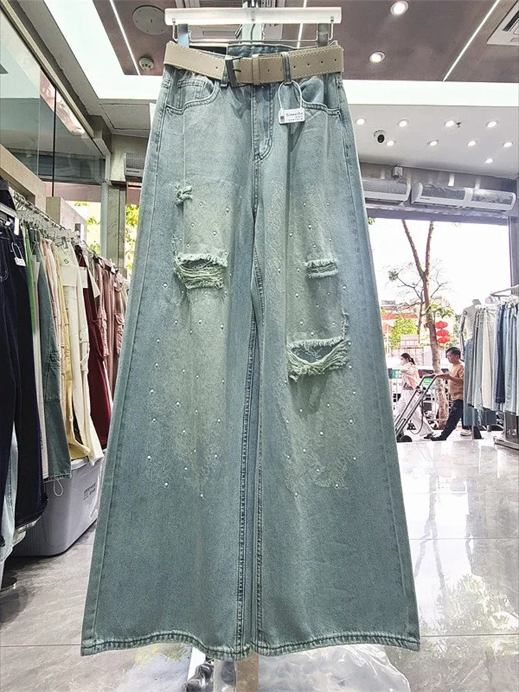 

Women's 2025 Summer New Heavy Industry Hole Jeans Korean Style Edition High Waist Slim and Versatile Casual Pants