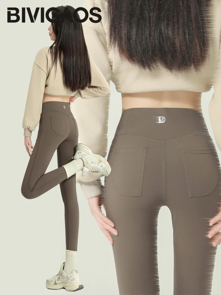 BIVIGAOS-pantalones de piel de tiburón con bolsillo trasero para mujer, mallas deportivas de cintura alta para Yoga, correr, informales, Otoño, 2024