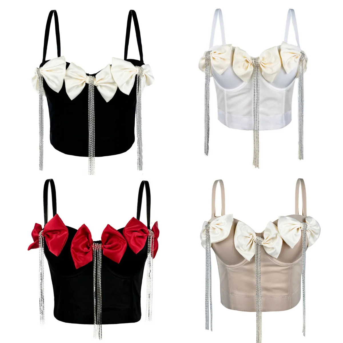 

Sexy Sleeveless Tops with Rhinestone Tassel Women Corset Tops Push Up Bra Adjustable Strap Bow Party Cropped Top Camisole Summer