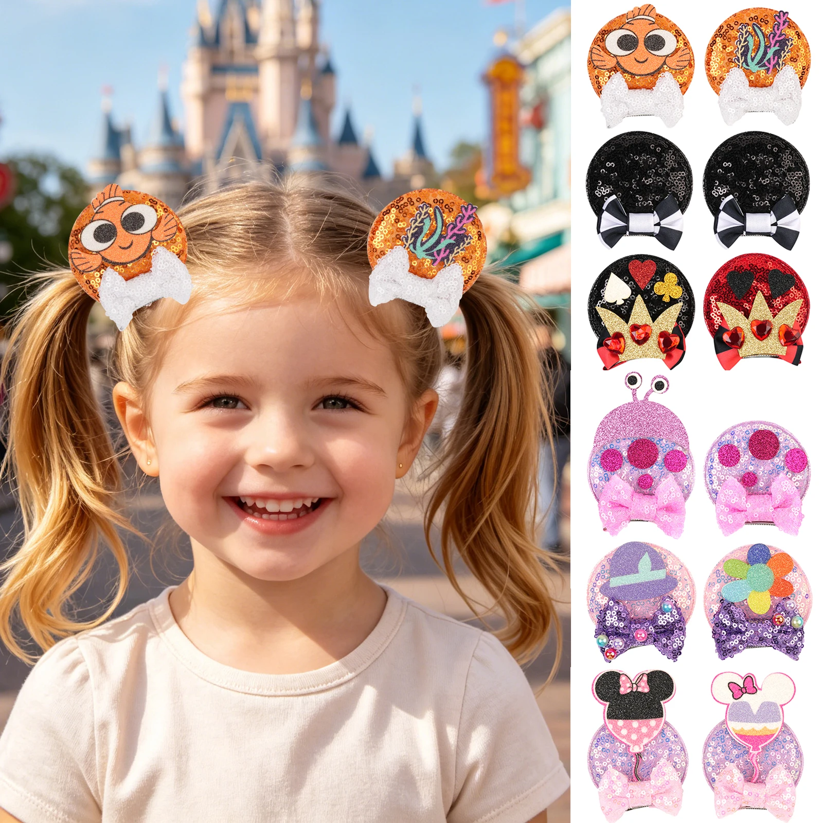 1 Paar Niedliche Mädchen-Haarspangen mit Cartoon-Pailletten-Mausohren und Schleifendekoration, Geeignet für Alltag, Partys, Themenparks, Geschenke, Haaraccessoires