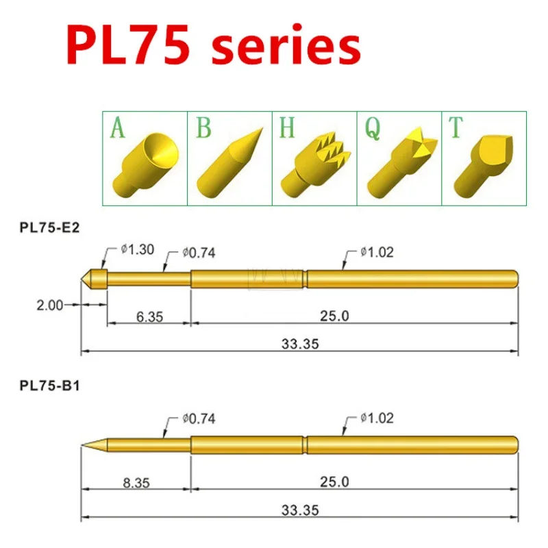 

20PCS/bag Spring Test Pin PL75-A2 B1 E2 D2 H2 G1 J1 Q1 Q2 T2 LM2 Outer Diameter 1.02mm Length 33.5mm PCB Probe