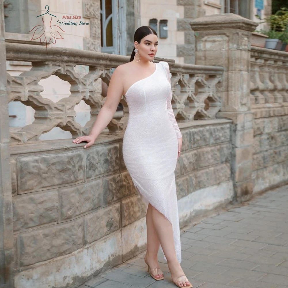 

Glitter One Shoulder Wedding Dresses Plus Size Long Sleeves Sheath Bride Gowns Side Slit Ankle Length Mermaid Robe De Mariée