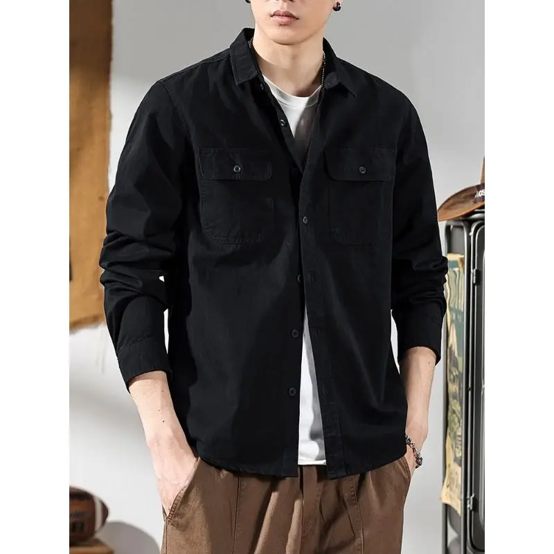 

American Style Loose Casual Long Sleeve Workwear Shirt for Men Trendy Outerwear Style Polyester Fiber Spring Autumn Wear
