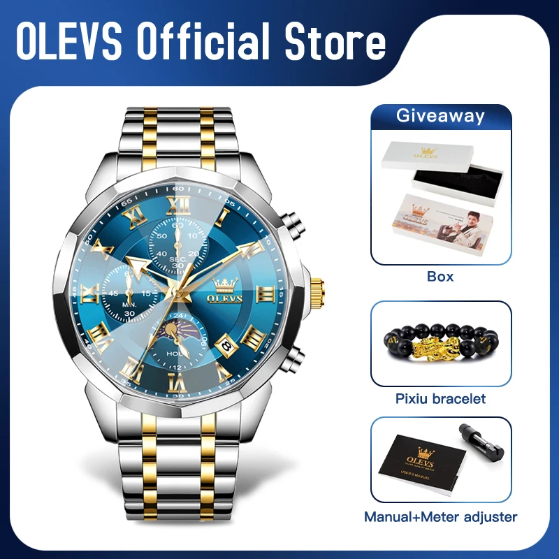 OLEVS 3675 Mens Watch Original Fashion Multifunctional Chronograph Quartz Watch Moon Phase Waterproof Luminous Watch For Men