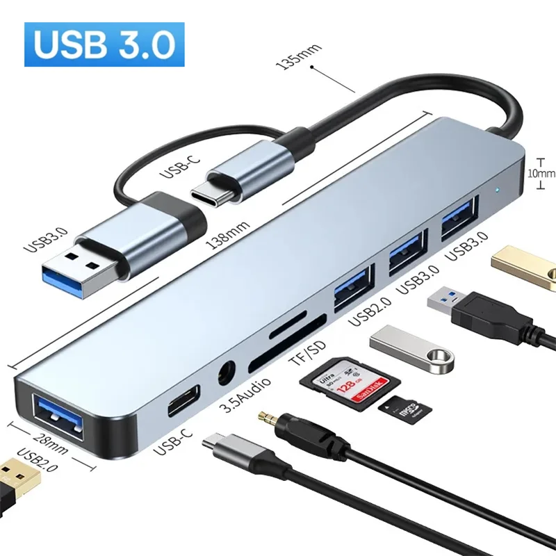 HUB USB 8 IN 2 3.0 USB-C Docking Station HUB Gbps trasmissione ad alta velocità Splitter USB tipo C a adattatore USB OTG per Macbook Pro