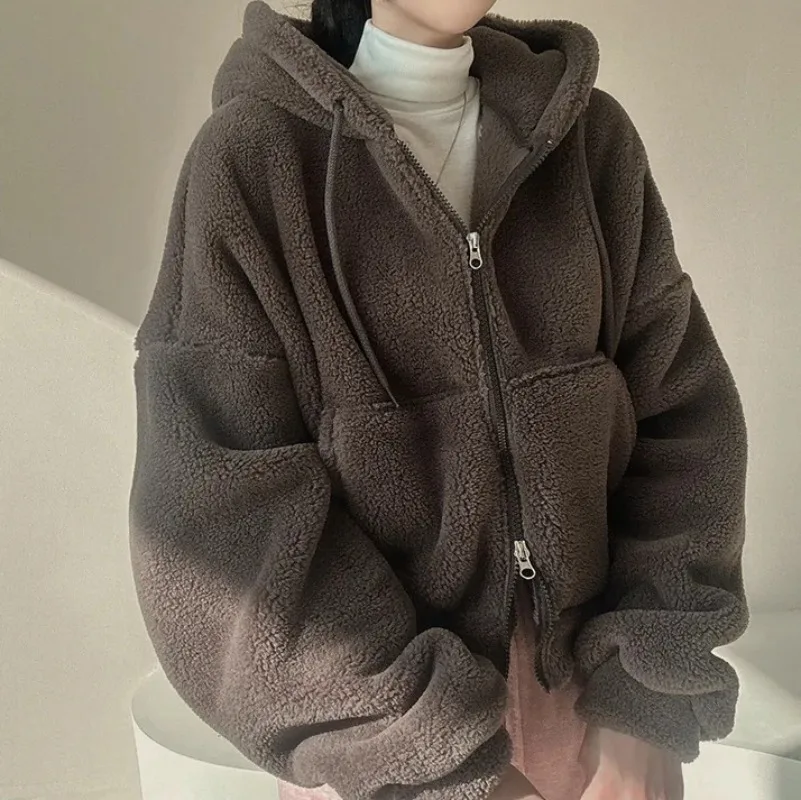 Sweat à capuche court en peluche pour femme, sweat zippé Harajuku, mode coréenne Y2k, survêtement de document solide, cardigan Streetwear