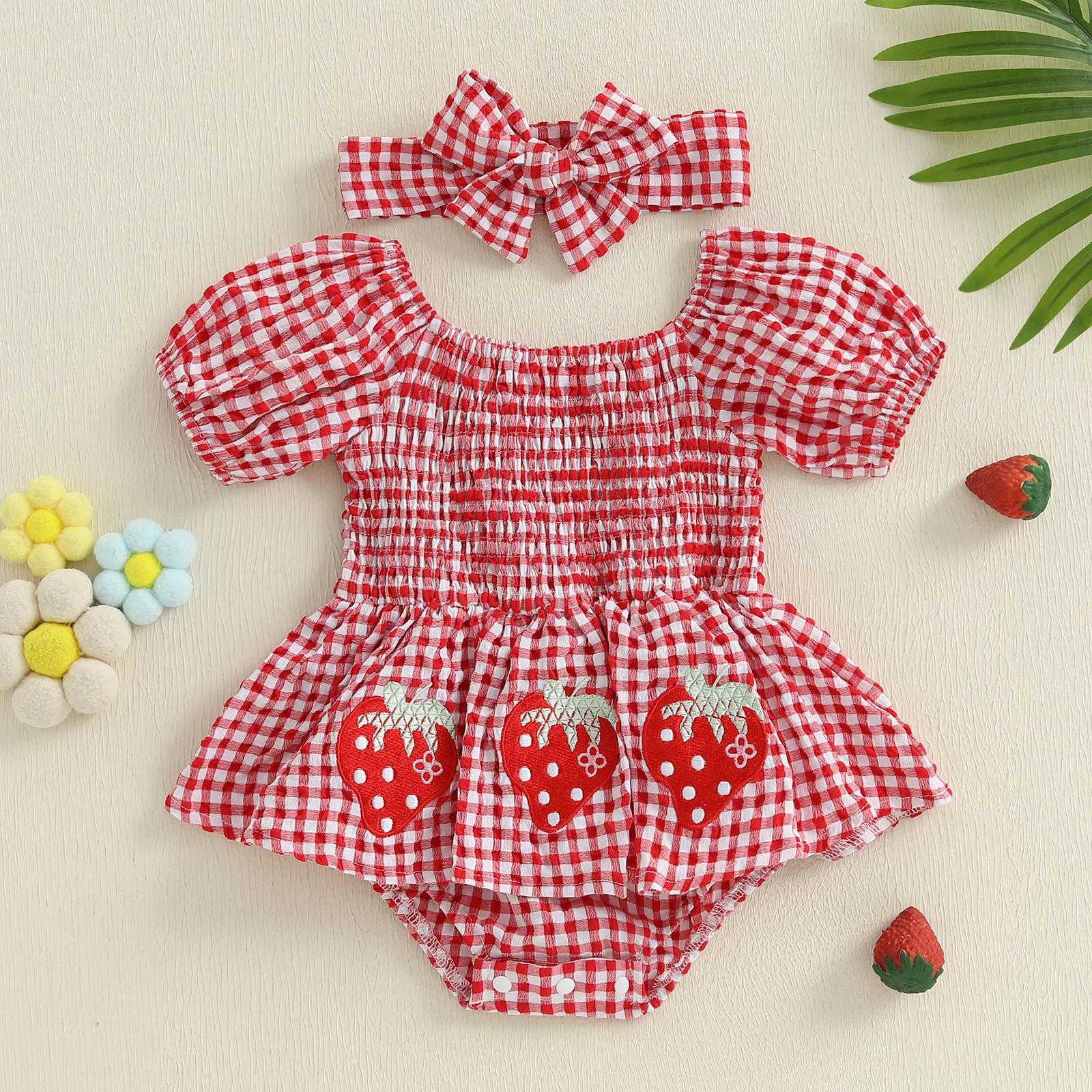 

Комбинезон с копченостями для маленьких девочек 0-18 месяцев, боди с короткими рукавами и вышивкой клубники/ цыпочка/вишня и повязкой на голову, комплект из 2 предметов