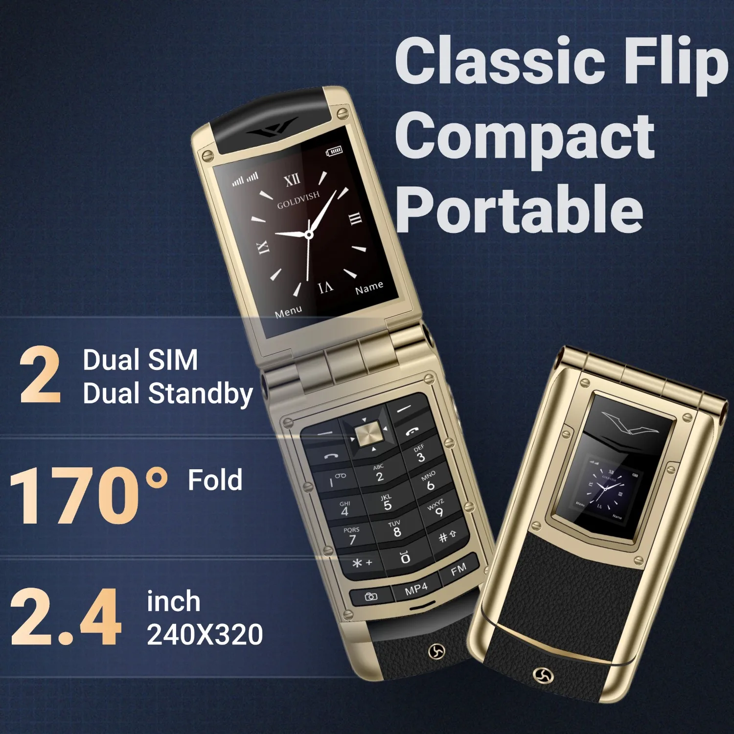 Dual Display Premium Vintage Flip Clamshell Phone Metal Casing Dual SIM Big Button Magic Sound Blacklist Foldable Senior Mobile