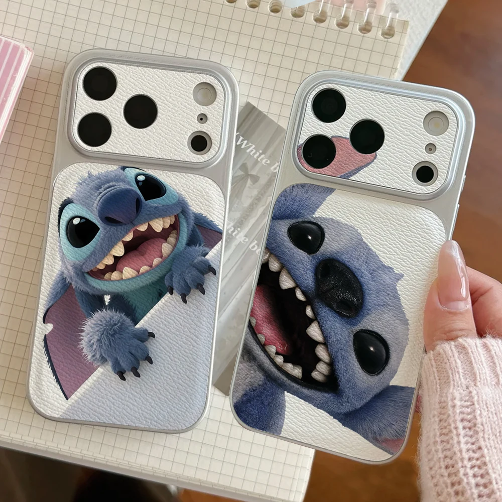 

Disney Lilo Stitch Couples Phone Case For IPhone 17 16 15 14 Electroplated Leather Shockproof Phone Accessories 13 12 11 Casing