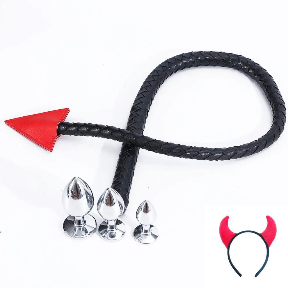 108cm Whip Metal Butt Plug with Devil Tail Cosplay Anal Tail Sex Toy SM Masturbation Anal Plug for Women Anal Sex Trainer Black