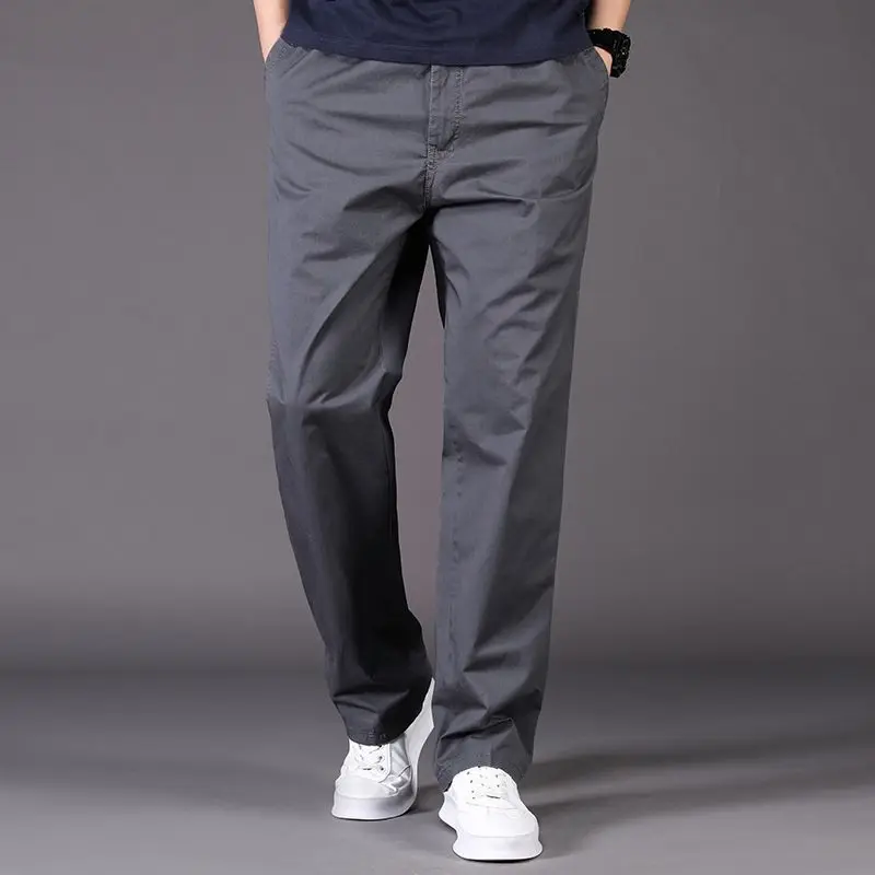 

Men's Light Gray Casual Straight-Leg Pants Loose Fit Cotton Blend Trousers for Daily Wear
